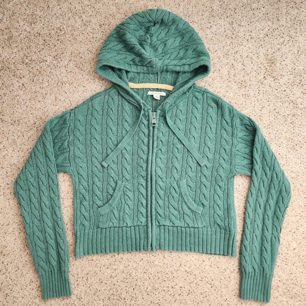 American Eagle Outfitters Teal Cable Knit Cropped Sweater Zip Up